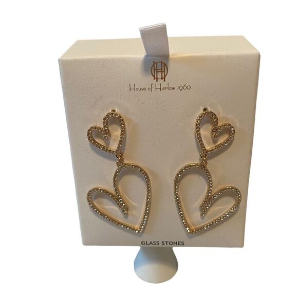 Beautiful Gold Toned & Clear Glass Stone Double  Heart Drop Earrings. - Picture 1 of 7
